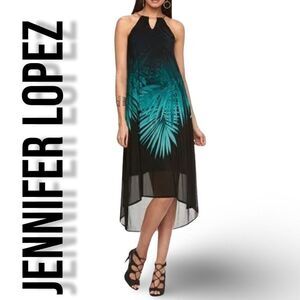JENNIFER LOPEZ High-Low Lightweight Dress, Gold Chain Neckline, Palm Leaves
